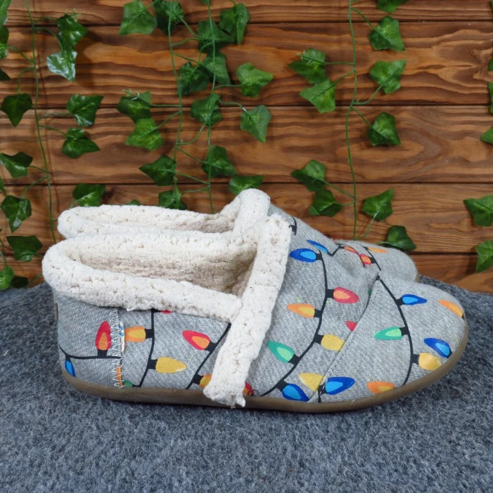 TOMS Tree Lights Kids Slipper Size 4 Holiday Indoor Lounging Gray Textile